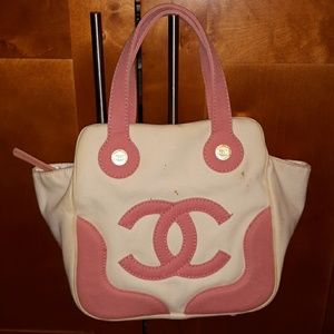 Authentic Chanel pink and white canvas bowling bag